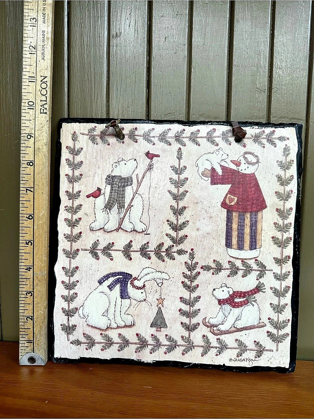 Vintage Teresa Kogut Christmas Slate Wall Plaque Primitive 9.5”